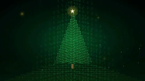 Digital Christmas tree formed by green binary code on a dark technological Stock Footage 336779793