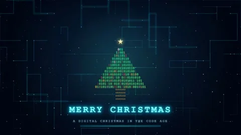Digital Christmas tree made of binary code with glowing text on dark blue Stock Footage 345427798