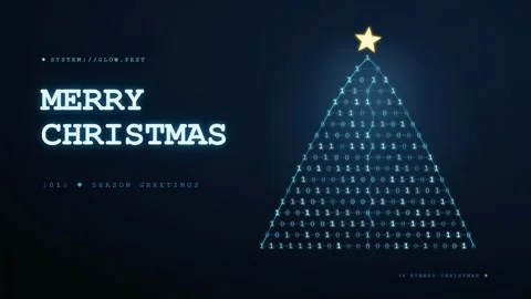 Digital Christmas tree made of binary code with glowing star on dark blue Stock Footage 345429443