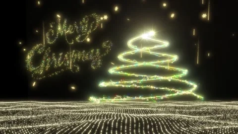 Digital Christmas Tree Made of Glowing Particles with Merry Christmas Text Loop Stock Footage 320207568
