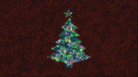 Digital Christmas tree made of glowing circuit board patterns highlights the Stock Footage 342830653
