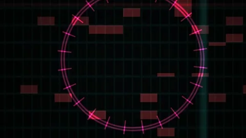 Digital Circle Interface with Moving Red Blocks on Dark Grid for Tech Themes Stock Footage 343693791