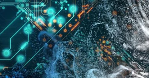 Digital circuit and data flow image over abstract blue and orange background Foto stock