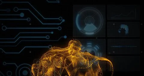 Digital circuit and data visualization over abstract yellow wave image Stock Photos