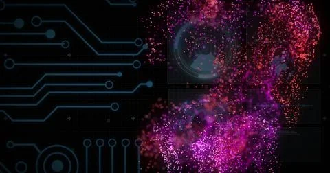 Digital circuit and data visualization image over colorful particle explosion Foto stock