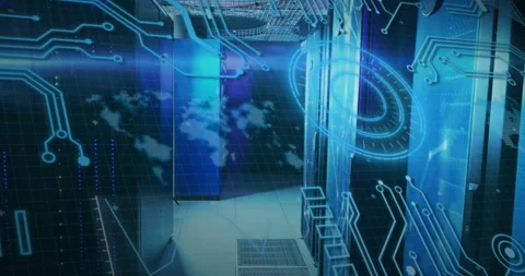Digital circuit and world map animation over data center servers Stock Footage 303685817