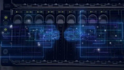 Digital circuit animation overlaying server hardware in data center environment Stock Footage 305073353