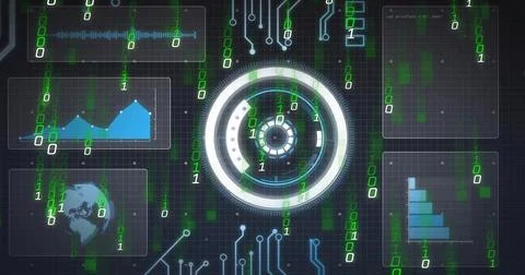 Digital circuit board and binary code image over futuristic interface Stock Photos