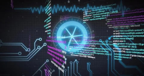Digital circuit board and coding data processing animation over grid background Stock Footage 305060601