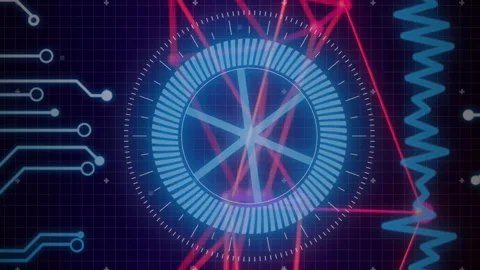 Digital circuit board and data network animation over blue and red lines Stock Footage 312872272