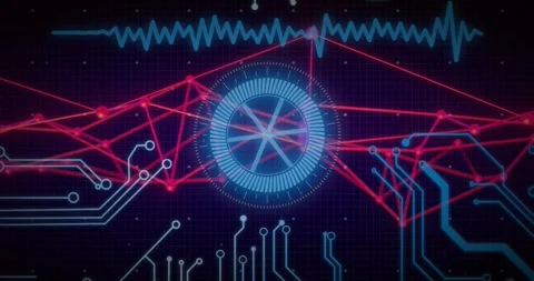 Digital circuit board and data network animation over blue and red lines Stock Footage 330256147