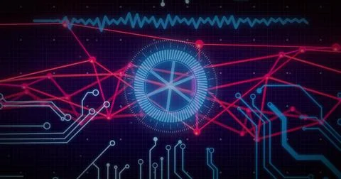 Digital circuit board and data network image over blue and red lines Stock Illustration
