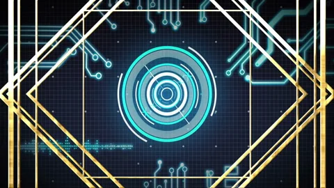 Digital circuit board and target animation over dark grid background Stock Footage 303616827