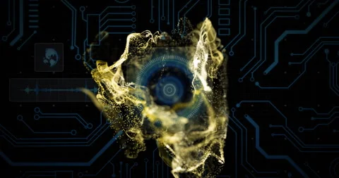 Digital circuit board background with swirling golden particles and central blue Stock Footage 306565183