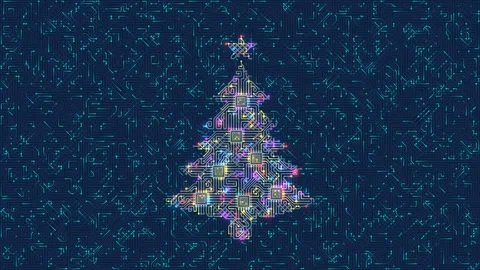 Digital circuit board Christmas tree glows with vibrant neon paths and Stock Footage 343829570