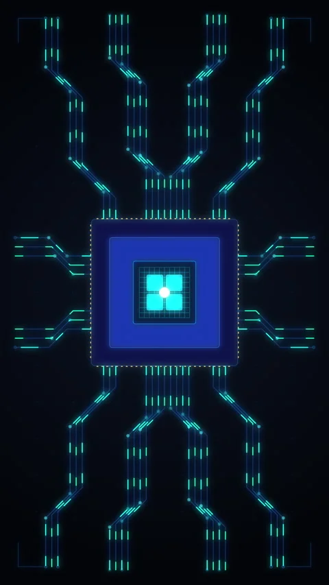 Digital circuit board CPU processor with glowing neon data lines Stock Footage 347558202