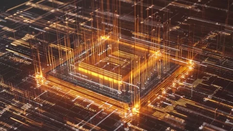 Digital circuit board glowing orange data streams flowing through intricate.. Stock Footage 321340564