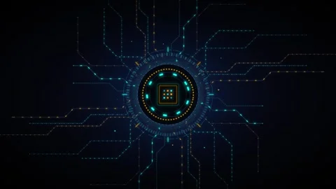Digital circuit board hud interface with glowing data network and processor.. Stock-Footage 337565467