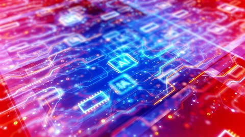Digital Circuit Board with Interconnected Microchips and Glowing Pathways. Stock Footage 302460382