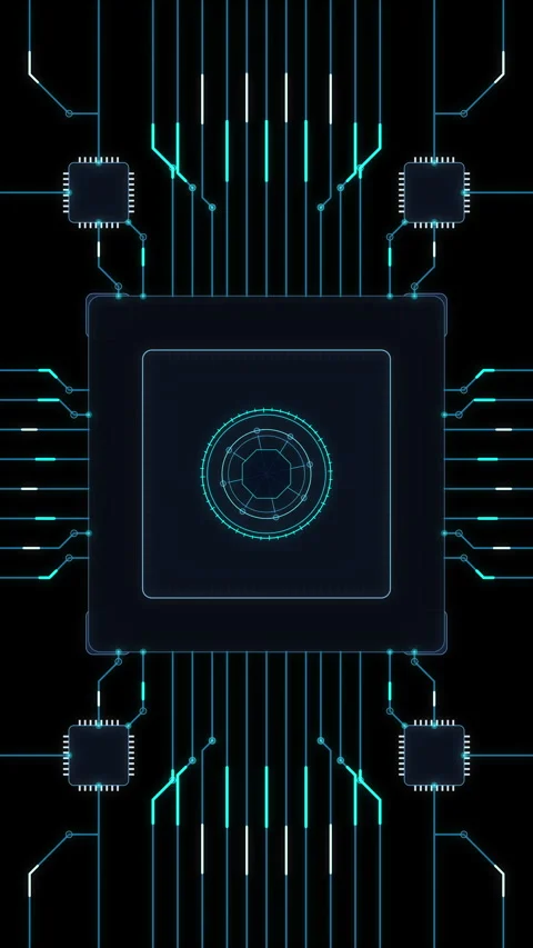 Digital circuit board loop animation with glowing blue microchip processor Stock Footage 347558174