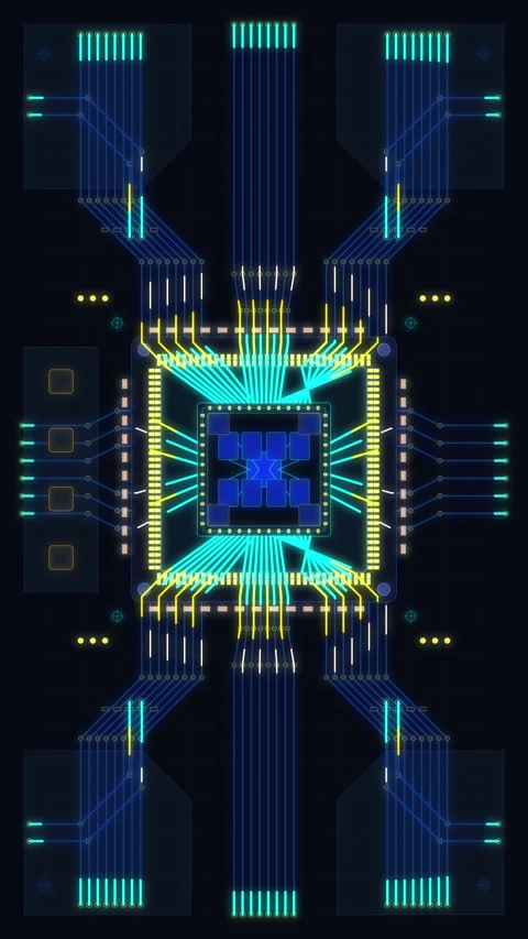 Digital circuit board loop animation with glowing microchip technology Stock Footage 347558190