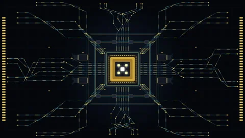 Digital circuit board loop with processor chip core and glowing neon lines Stock Footage 347245262