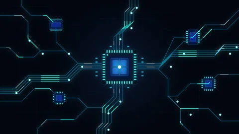 Digital circuit board microchip processor technology network data flow Stock Footage 347245244