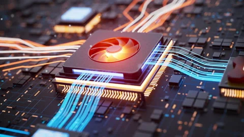 Digital circuit board with powerful CPU Stock Footage 338986554
