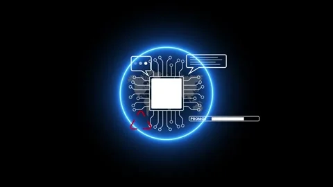 Digital circuit board with warning symbol animation isolated on black background Stock Footage 327575083