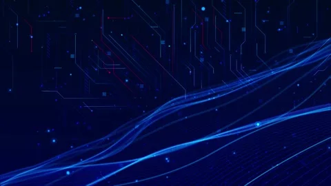 Digital circuit flow motion visual blue light trails, dark board lines, glowing Stock Footage 340577360