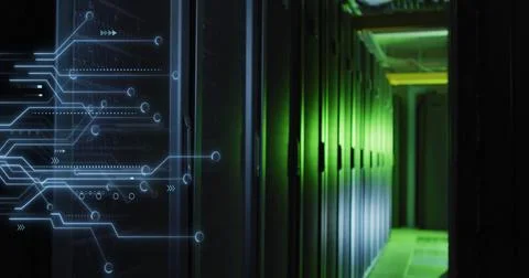 Digital circuit image over servers in data center Stock Photos
