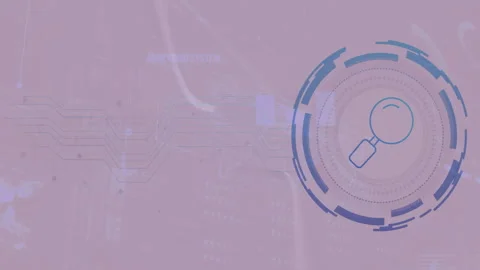 Digital circuit lines forming magnifying glass icon on purple background Stock Footage 303529016