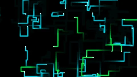 Digital Circuit Network: Glowing Blue and Green Data Paths on Black 库存影片 339180466
