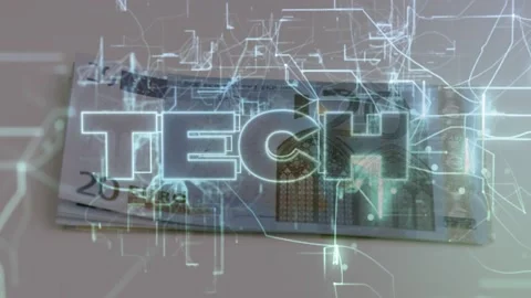 Digital circuit overlay appearing sparking 20€ notes shifting and TECH text Stock Footage 328685033