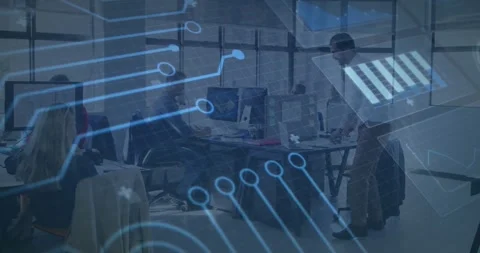 Digital circuit pattern animation over people working in modern office setting Stock Footage 328712767