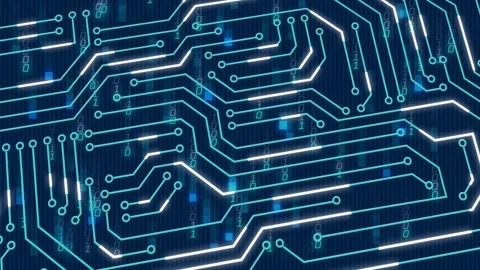 Digital circuit pattern being animated in scene with glowing neon blue traces Stock Footage 328466873