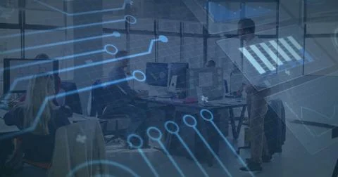 Digital circuit pattern image over people working in modern office setting Stock Photos