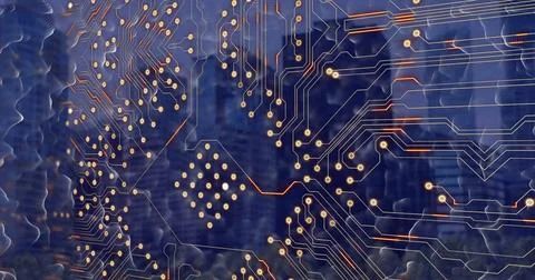 Digital circuit pattern overlaying cityscape, symbolizing technology integration Stock Photos