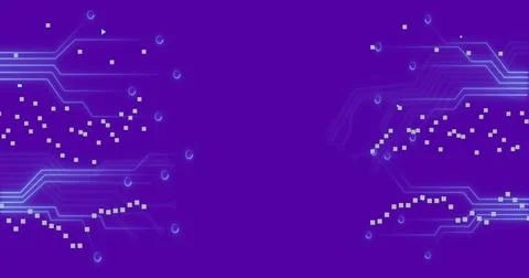 Digital circuit pattern on purple background symbolizing technology and Stock Photos
