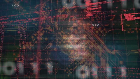 Digital circuit patterns and data processing animation with glowing elements Stock Footage 304840258