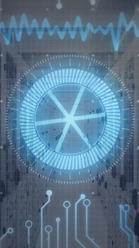 Digital circuit patterns and data processing animation over server room Stock Footage 319810893