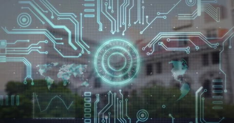 Digital circuit patterns and world map a... | Stock Video | Pond5