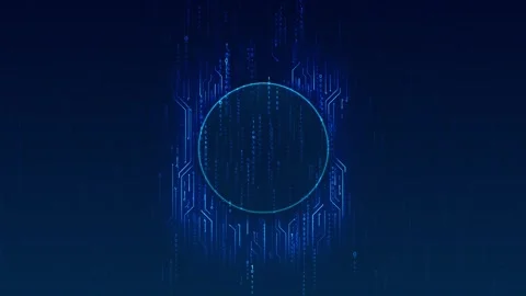 Digital circuit ring interface visual with blue binary rain, central copy space, Stock Footage 340552521