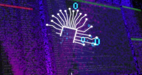 Digital circuit tree and binary code over computer programming animation Stock Footage 307661604