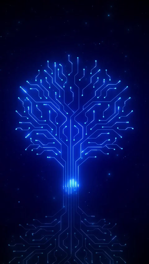 Digital circuit tree backdrop electric blue lines, node points, branching Stock Footage 334104831