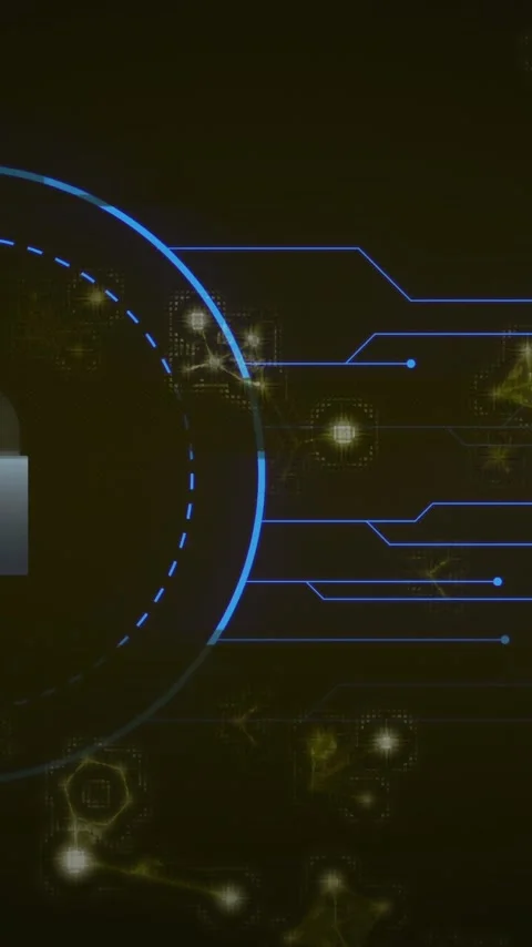 Digital circuitry and lock symbol with glowing particles for cybersecurity Stock Footage 344370309