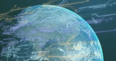 Digital circuits and data processing over image of Earth from space Stock Illustration