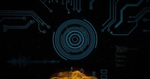 Digital circuits and data processing over abstract image of yellow waves Stock Photos