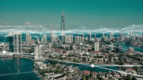 Digital, city and network in IoT drone of buildings, 3d animation and node 스톡 동영상 217658674
