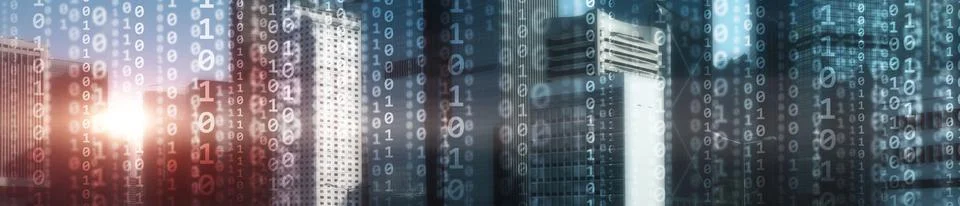 Digital city binary code. Matrix Mixed Media Background Stock Photos